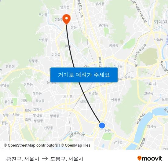 광진구, 서울시 to 도봉구, 서울시 map