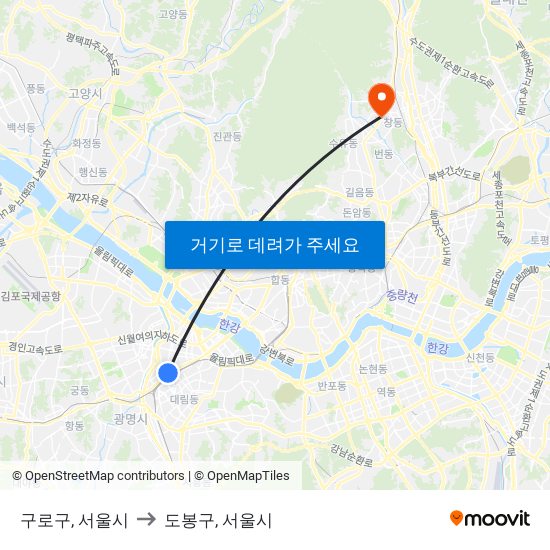 구로구, 서울시 to 도봉구, 서울시 map