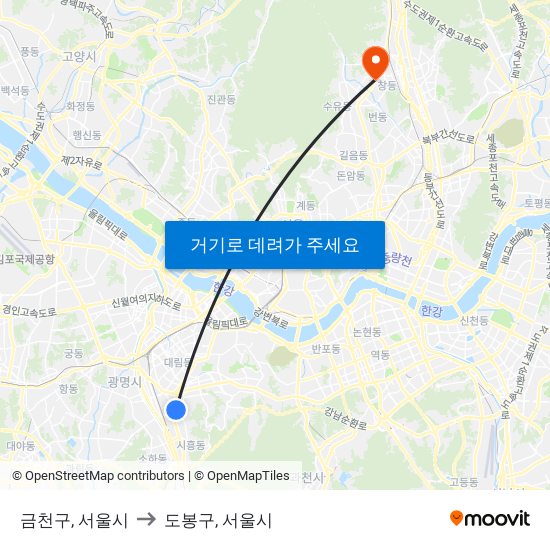 금천구, 서울시 to 도봉구, 서울시 map