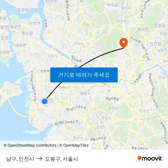 남구, 인천시 to 도봉구, 서울시 map