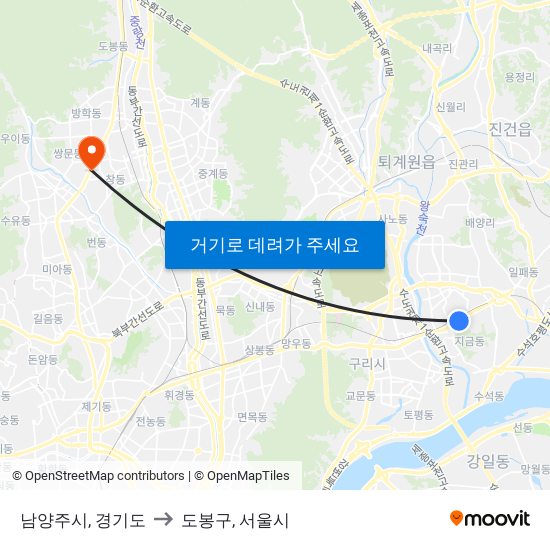 남양주시, 경기도 to 도봉구, 서울시 map