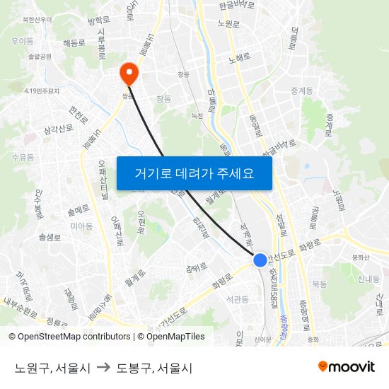 노원구, 서울시 to 도봉구, 서울시 map