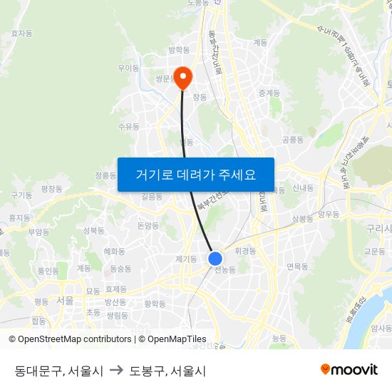 동대문구, 서울시 to 도봉구, 서울시 map
