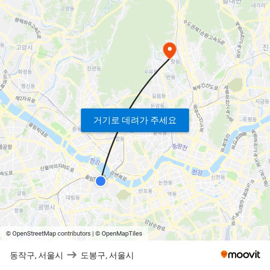 동작구, 서울시 to 도봉구, 서울시 map
