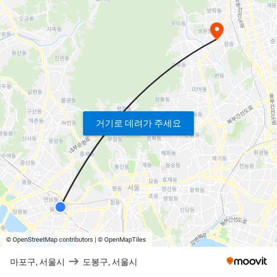 마포구, 서울시 to 도봉구, 서울시 map