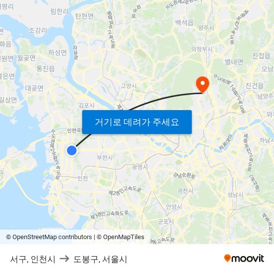 서구, 인천시 to 도봉구, 서울시 map