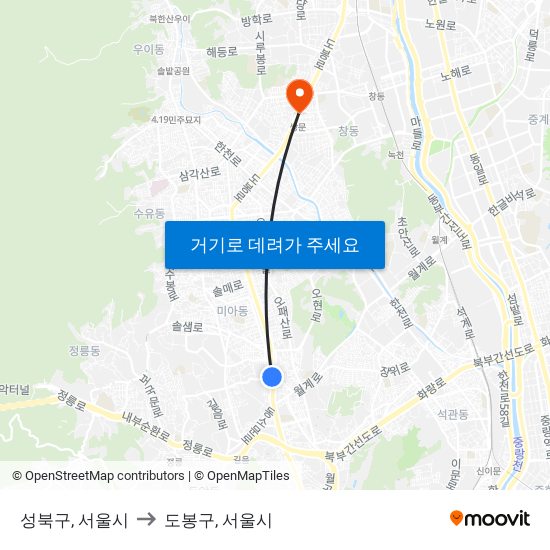 성북구, 서울시 to 도봉구, 서울시 map