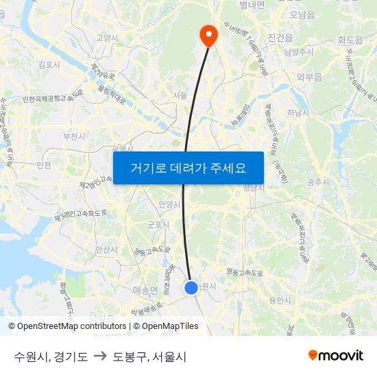 수원시, 경기도 to 도봉구, 서울시 map