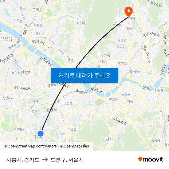 시흥시, 경기도 to 도봉구, 서울시 map