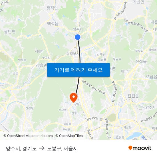 양주시, 경기도 to 도봉구, 서울시 map