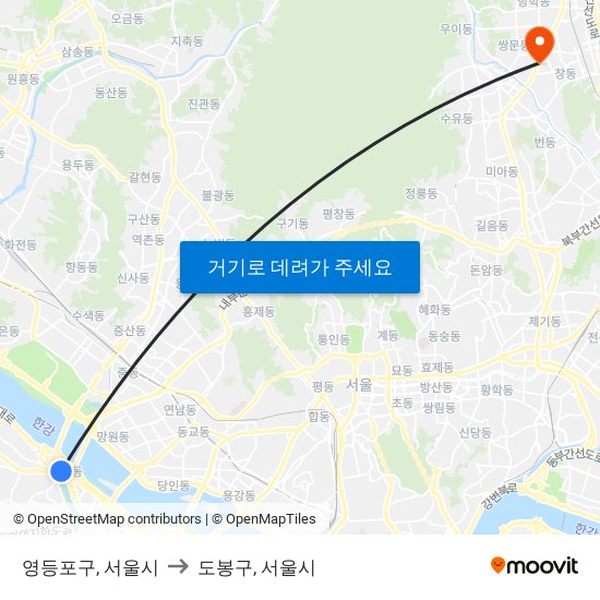 영등포구, 서울시 to 도봉구, 서울시 map
