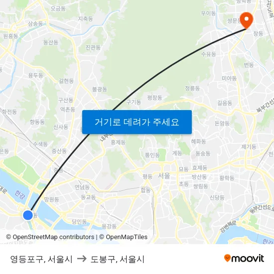 영등포구, 서울시 to 도봉구, 서울시 map