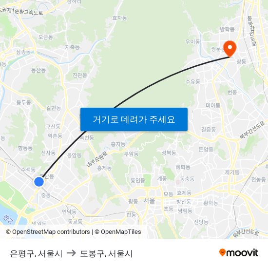 은평구, 서울시 to 도봉구, 서울시 map