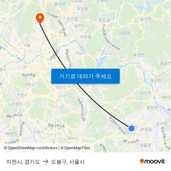 이천시, 경기도 to 도봉구, 서울시 map