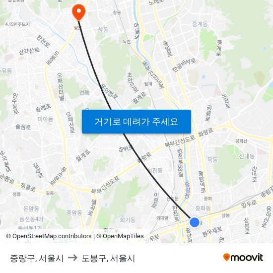 중랑구, 서울시 to 도봉구, 서울시 map