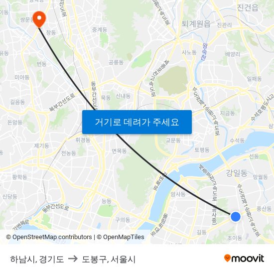 하남시, 경기도 to 도봉구, 서울시 map