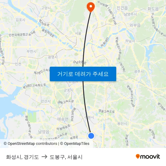 화성시, 경기도 to 도봉구, 서울시 map