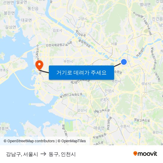 강남구, 서울시 to 동구, 인천시 map