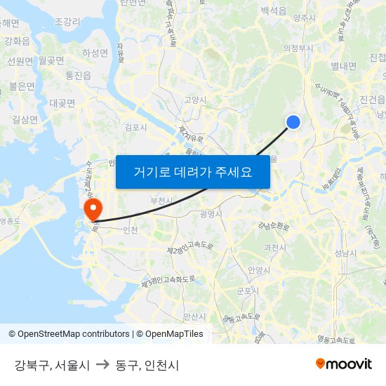 강북구, 서울시 to 동구, 인천시 map