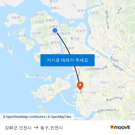 강화군, 인천시 to 동구, 인천시 map