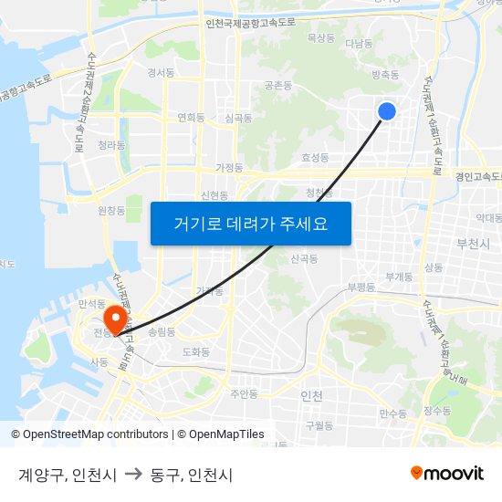 계양구, 인천시 to 동구, 인천시 map