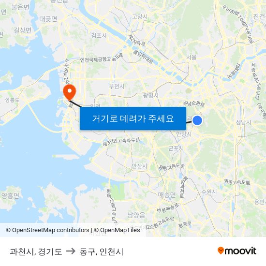 과천시, 경기도 to 동구, 인천시 map