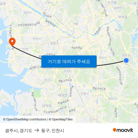 광주시, 경기도 to 동구, 인천시 map