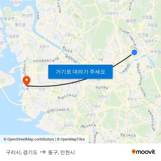 구리시, 경기도 to 동구, 인천시 map