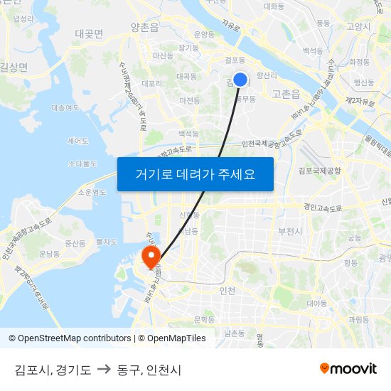 김포시, 경기도 to 동구, 인천시 map