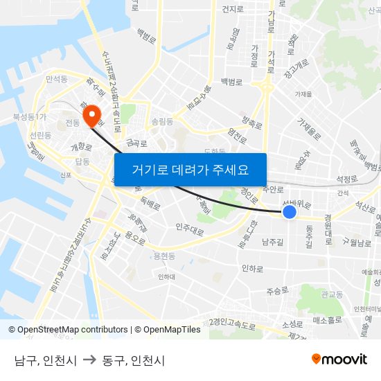 남구, 인천시 to 동구, 인천시 map