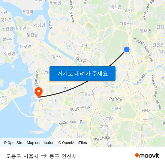 도봉구, 서울시 to 동구, 인천시 map