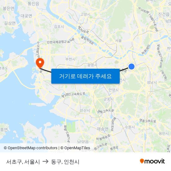 서초구, 서울시 to 동구, 인천시 map