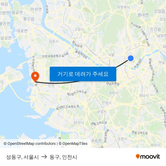 성동구, 서울시 to 동구, 인천시 map