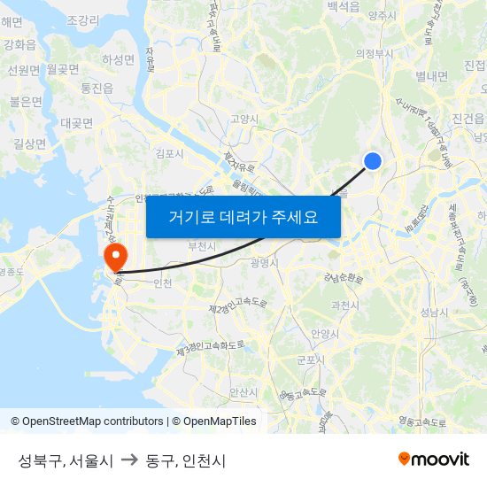 성북구, 서울시 to 동구, 인천시 map