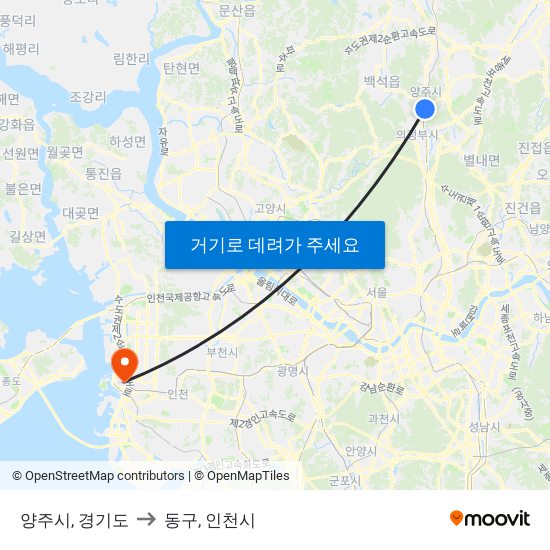 양주시, 경기도 to 동구, 인천시 map