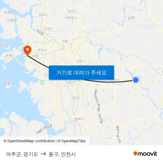 여주군, 경기도 to 동구, 인천시 map
