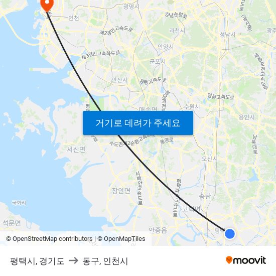 평택시, 경기도 to 동구, 인천시 map