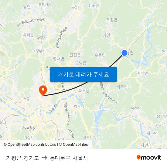 가평군, 경기도 to 동대문구, 서울시 map