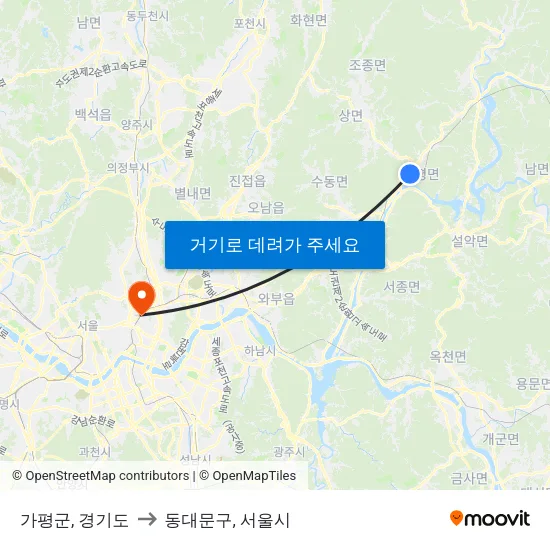 가평군, 경기도 to 동대문구, 서울시 map