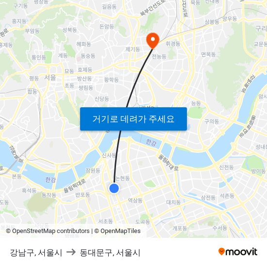 강남구, 서울시 to 동대문구, 서울시 map