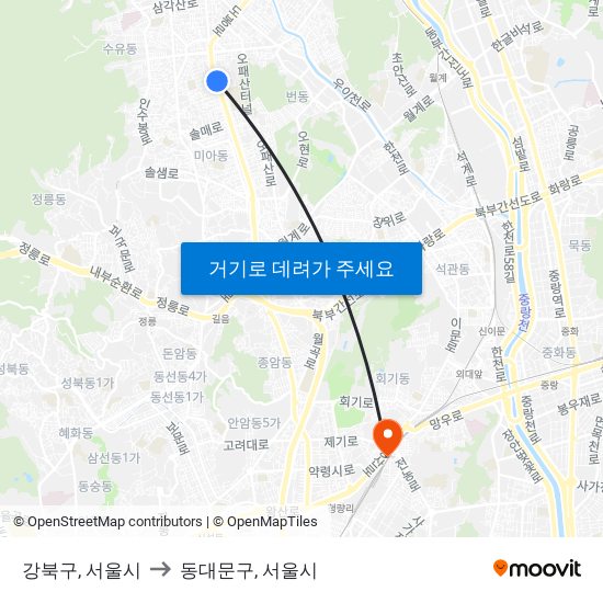 강북구, 서울시 to 동대문구, 서울시 map