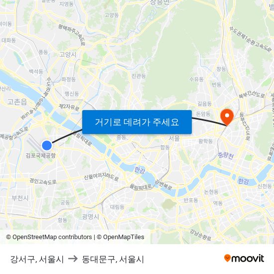 강서구, 서울시 to 동대문구, 서울시 map