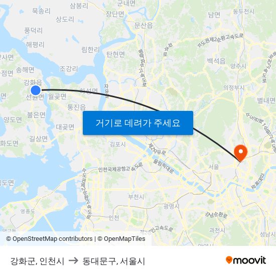 강화군, 인천시 to 동대문구, 서울시 map