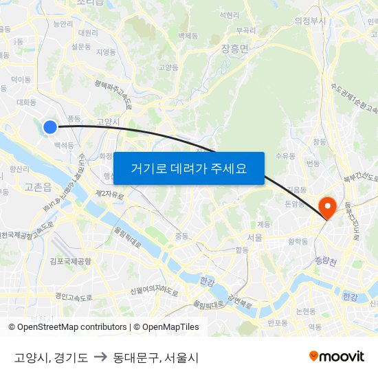 고양시, 경기도 to 동대문구, 서울시 map