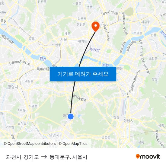 과천시, 경기도 to 동대문구, 서울시 map