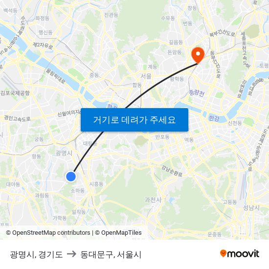 광명시, 경기도 to 동대문구, 서울시 map