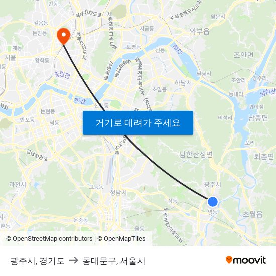 광주시, 경기도 to 동대문구, 서울시 map