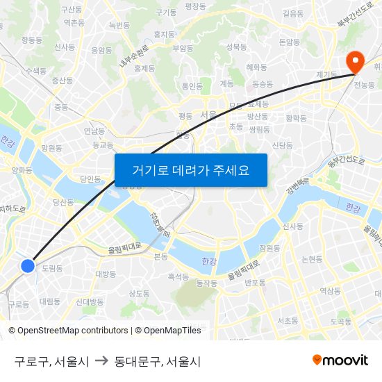 구로구, 서울시 to 동대문구, 서울시 map