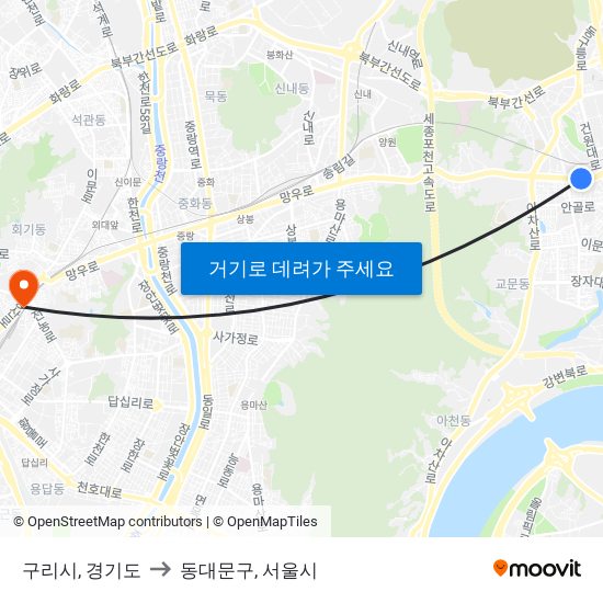 구리시, 경기도 to 동대문구, 서울시 map