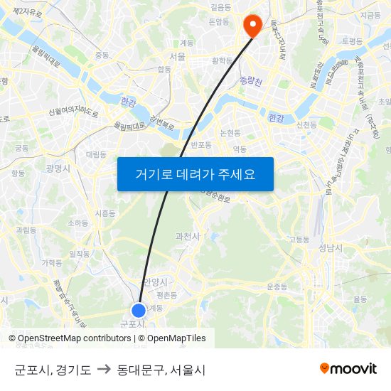 군포시, 경기도 to 동대문구, 서울시 map